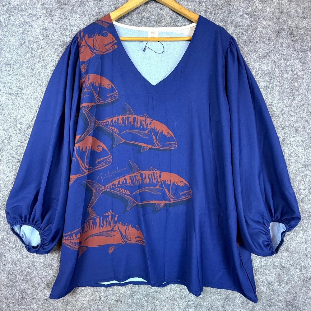 Pulelehua Maui Blouse Top Women 3XL Blue Ulua Fish Graphic Balloon Sleeve Resort